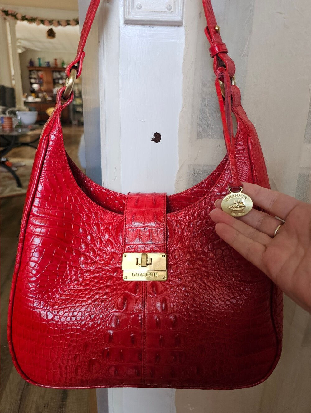 Brahmin Red Croc-Embossed Shoulder Bag with Gold Hardware , Excellent Condition